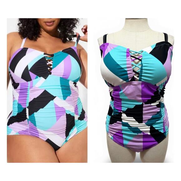 Torrid Plus Size 4 Geometric Art Wireless One Piece Lattice Lace Up Swimsuit 4X - Picture 2 of 3